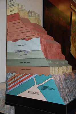 THE MANY LAYERS OF THE SIDES OF THE GRAND CANYON IN THE VISITOR CENTER-THEY TELL THE STORY OF HOW THE ROCKS GOT THERE.