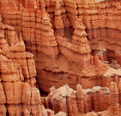 A CLOSEUP OF THE HOODOO FOREST OF INSPIRATION POINT REVEALS ITS INTIMATE DETAIL
