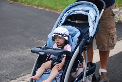 PRESLEY LOVED THE STROLLER AND ALWAY HAD TO HAVE A HAT AND SUNSCREEN ON ACCORDING TO HER MOTHER