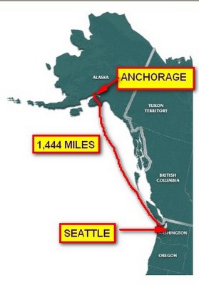 WE FLEW FROM SEATTLE TO ANCHORAGE THUS SAVING OVER 2,200 MILES AND 7 DAYS OF HARD DRIVING