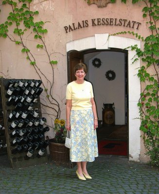 Susan at Entrance to Restaurant for Dinner in Trier