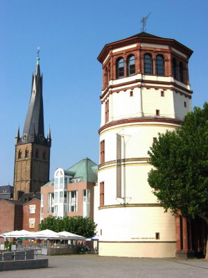 Castle Tower and Twisted Spire Church in Dusseldorf