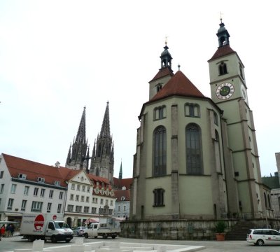 Regensburg New Parish Church & Spires of St. Peter's Cathedral