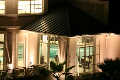 Nighttime view of the indoor pool