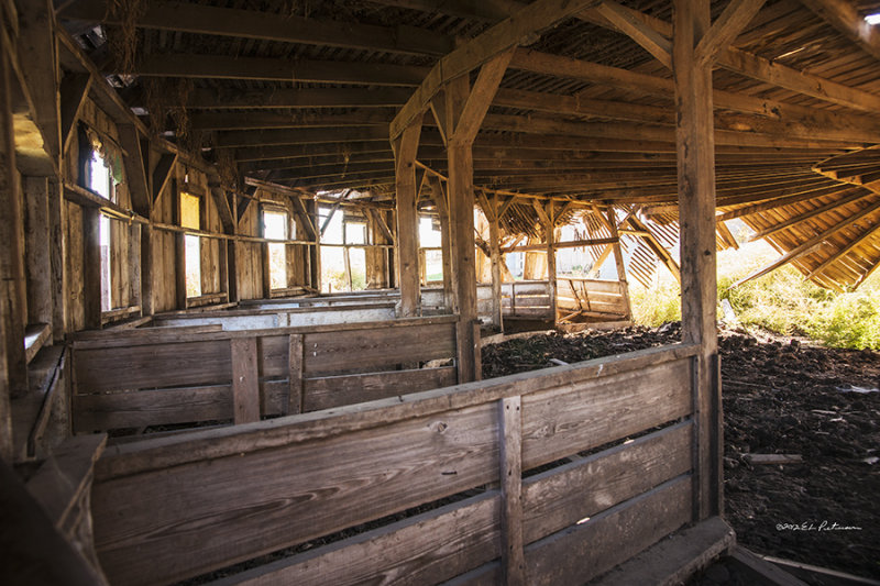 There is a lot to look at inside this barn. I am guessing one has to be good with angles.
An image may be purchased at http://edward-peterson.artistwebsites.com/featured/inside-the-round-barn-edward-peterson.html