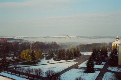 View on Kamianets Podilskyi Castle from hotel room - morning fog