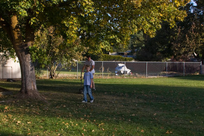 Matthew in his 'footbal field size' yard