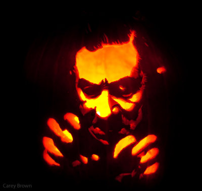 Pumpkin Carving
(Already?!)
Bela Lugosi by Zarah
The bright areas of the pumpkin were cut all the way through
the shell. The mid-tones were made by cutting only part way
through the shell. It has a candle burning inside for light.