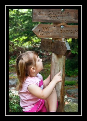 Norah inspecting the signpost