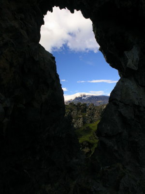 Snaefell seen through stone window