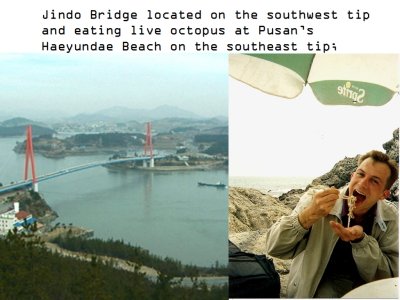 Jindo suspension bridge and live octopus at Pusan's Haeyundae Beach