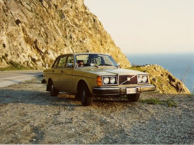 Wife in family sedan at Big Sur in 1990 - '78 Volvo 244