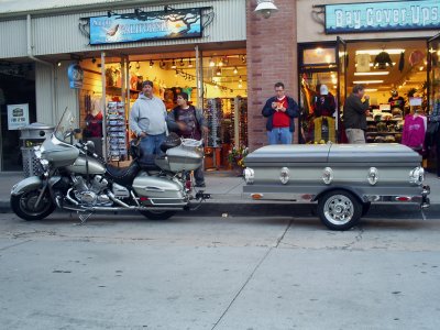 Harley with casket trailer