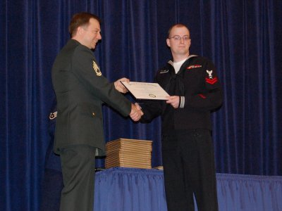 Chap Pres Clanton presenting AUSA Award to Petty Officer