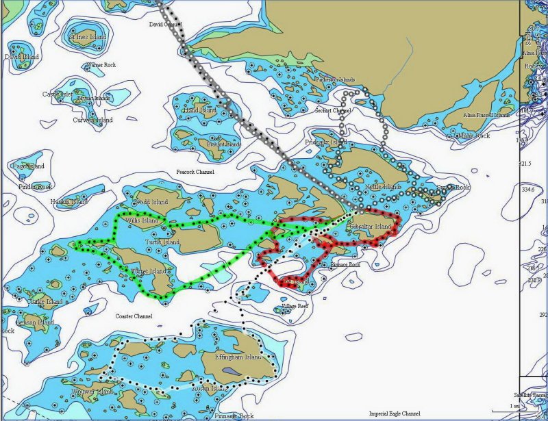 Routes for our days.  Select original size for best viewing.  About 65 miles of paddling, all told.