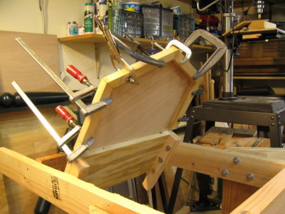 Forward transom in position, during clampup of backing for attaching plywood.