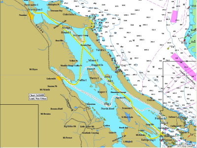 Tracks for several days. Yellow ones trace Ladysmith to Silva Bay (SW to NE) and Newcastle to Ganges (on the bias).
