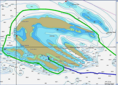 Sucia overview; Fossil Bay floats and anchorage to the SE corner.