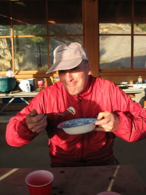 Bill McG chows down; Saturday evening potluck.