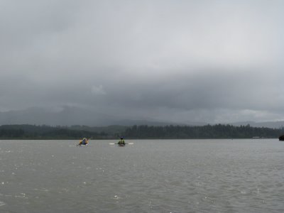 Down the channel toward Svensen Island, habitated by humans and cows.