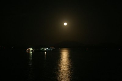 Canal Transit start, Moon set over Fuerte Amador