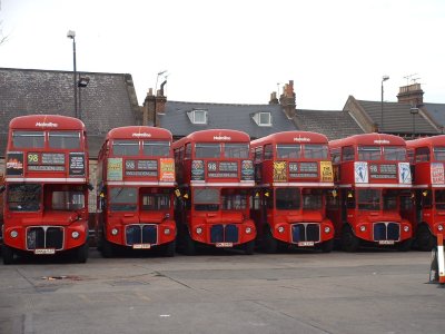 Parked London Routmaster busses.