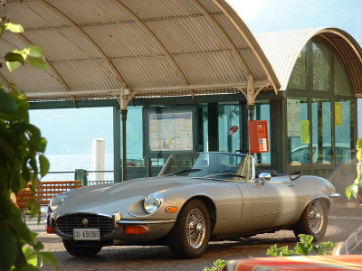 E Type Jaguar at Lake Como. Largo Di Como.
