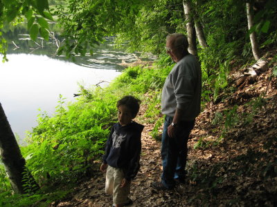 Cooper and Grampa walking around the lake