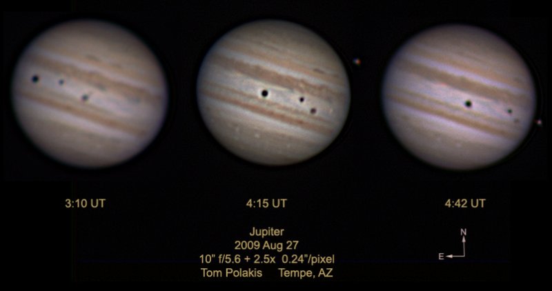 Jupiter: August 27, 2009 with Europa, Ganymede and Their Shadows