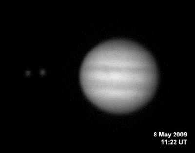 Five frames of Jupiter with Io and Ganymede: May 8, 2009