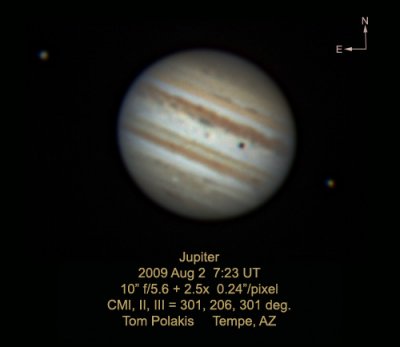 Jupiter: August 2, 2009: Streak near south pole is impact scar