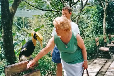 Mum at the Bird Park with Hornbills, Feb 1995