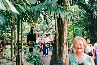 Mum at the Bird Park with Hornbills, Feb 1995