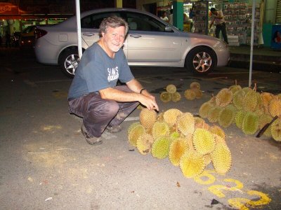 Denis checking out the Durian - King Of Fruit - mouthwatering eh Denis