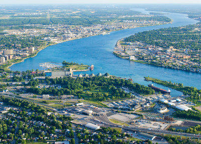 Aerial view of the St. Clair River and Sarnia Bay