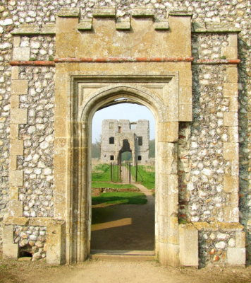 Baconsthorpe Castle; the first gatehouse through the doorway of the second.