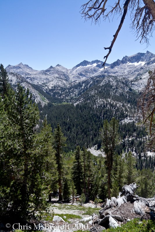 View from switchbacks to Tully Hole - mountains of the Silver Divide and Tully Hole.