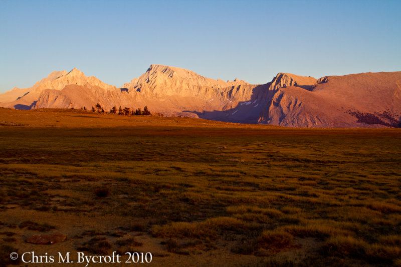 Sunlight leaving Bighorn Plateau, Mt Whitney et al. beyond