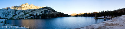 Day 4:  19 August 2010.  Early morning light at Lower Cathedral Lake (scroll to right to view image)