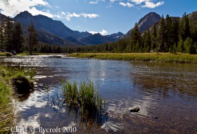  McClure Meadow in Evolution Valley.  Main peaks are Mt Mendel (left) and The Hermit to the right.