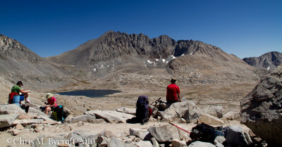 A crowd of three others on Mather Pass, Split Mountain behind