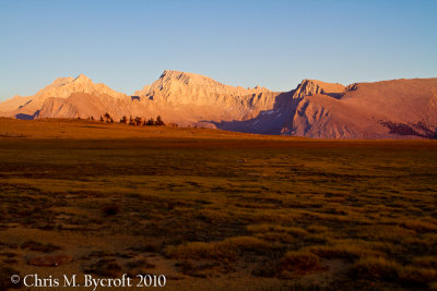 Sunlight leaving Bighorn Plateau, Mt Whitney et al. beyond