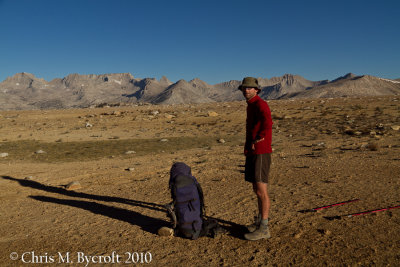 Roy and pack on Bighorn Plateau.  Great Western Divide beyond.