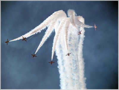 The Red Arrows above RAF Valley.March 2009