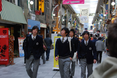 Schoolboys at a shopping mall in the Osu neighborhood of Nagoya