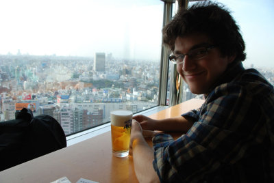 Mike with a beer at Asakusa, Tokyo, in the Asahi tower