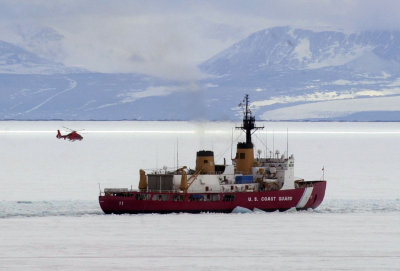 Icebreaker and helicopter