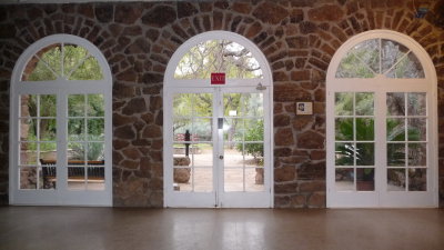 Looking toward the main trail from inside the Smith Building