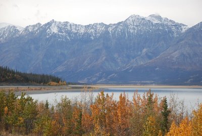The Alaska Highway, built in 1942, runs along the west shore of Kluane Lake