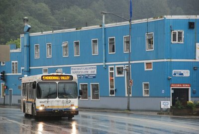 A bus makes its way through Juneau